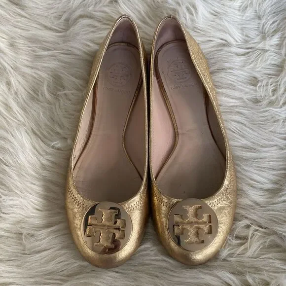 Tory Burch MINNIE TRAVEL BALLET Gold Flats sz 8M- Preowned - Picture 8 of 16
